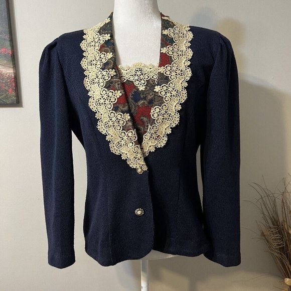 Vtg Jeffrey and Dara Women's Sz 9/10 Blue and Paisley Blazer Jacket Lace Collar - Picture 1 of 12